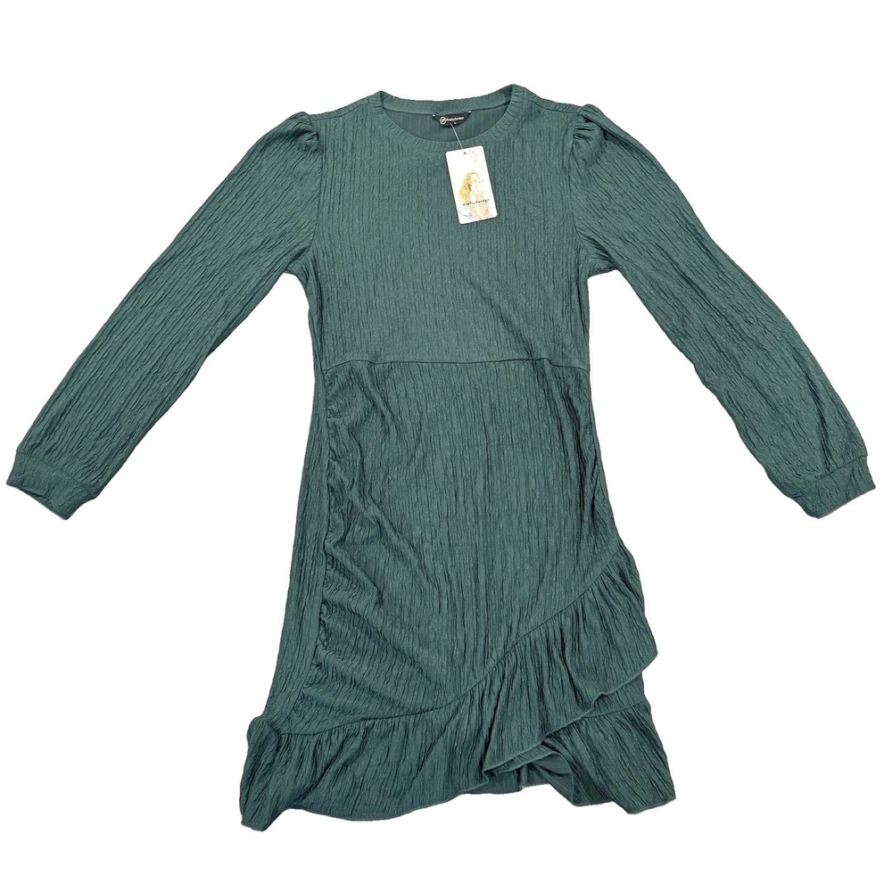 PRETTYGARDEN Dark Green Textured Long Sleeve Ruched Ruffle Hem Dress L NWT